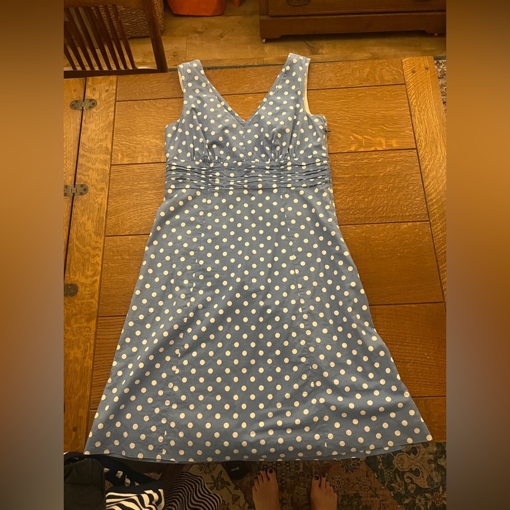 Boden Blue and White Polka Dot V-Neck Dress